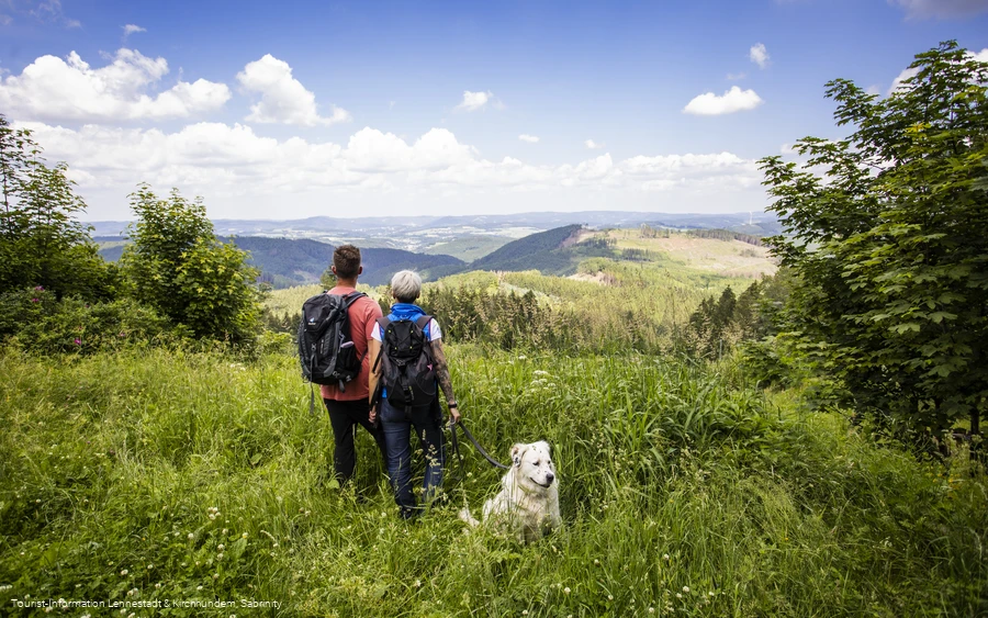 Aussicht von der Hohen Bracht - Wanderer mit Hund